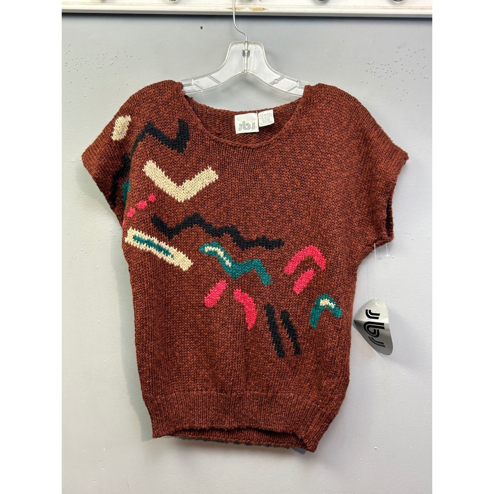 JBJ Sweater Vest Women Medium Rust Brown Vintage 80s Abstract Geometric Knit Top